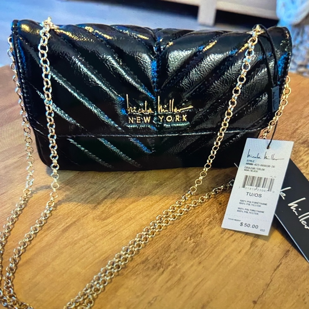 Nicole Miller Shoulder/Crossbody Bag Quilted Logo Purse Black NWT
